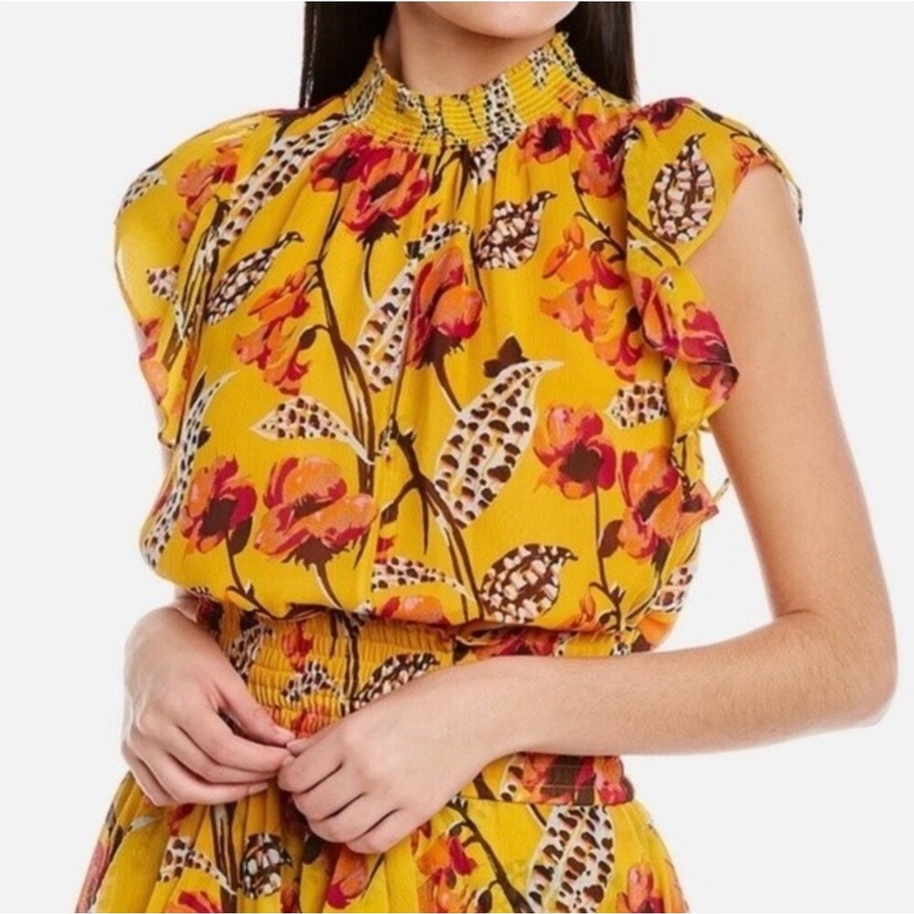 NWT A.L.C. Hayley Silk floral blouse flutter sleeve 8 yellow quiet luxury